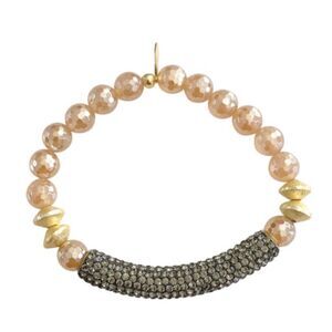Stretch Bracelet Blush Agate Stone Beads & Gray Crystal Rhinestone Bar NEW
